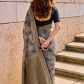 Elegant Grey Linen Cotton Woven Designer Saree for Women