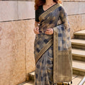 Elegant Grey Linen Cotton Woven Designer Saree for Women