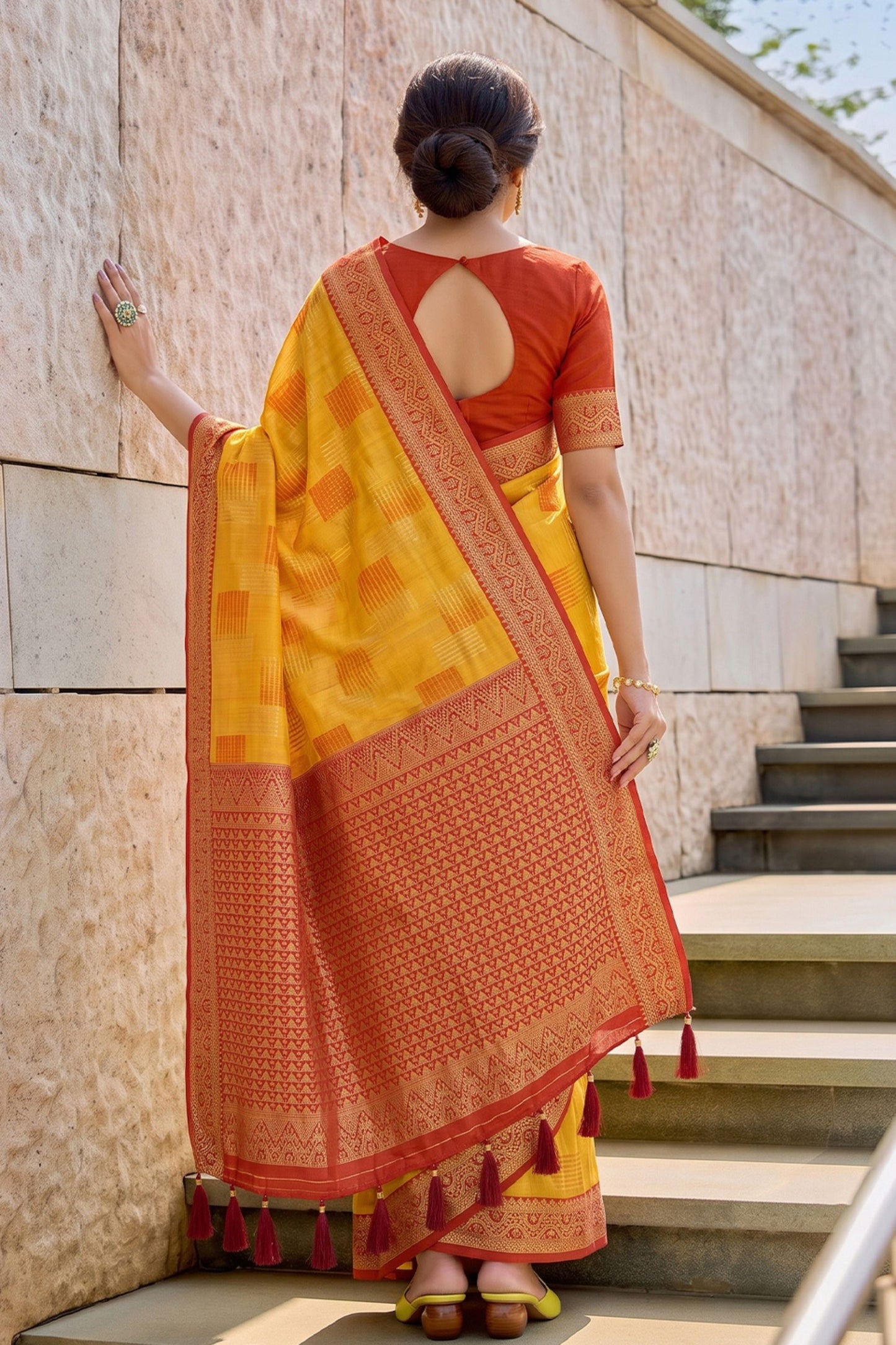 Elegant Mustard Yellow Linen Cotton Woven Designer Saree for Women