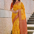 Elegant Mustard Yellow Linen Cotton Woven Designer Saree for Women