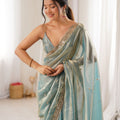 Elegant Aqua Blue Fendy Satin Saree Beads Embroidery Work for Women