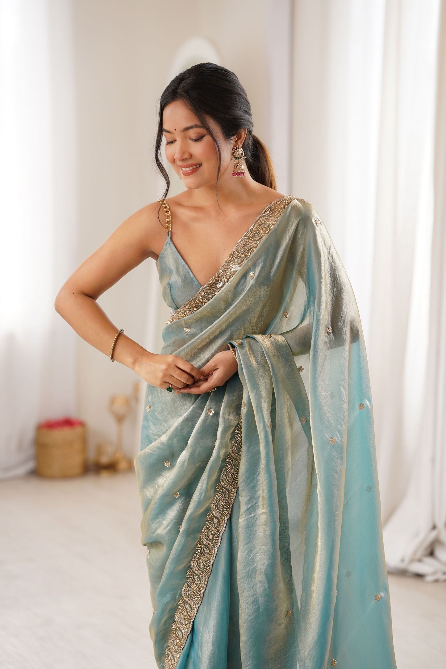 Elegant Aqua Blue Fendy Satin Saree Beads Embroidery Work for Women