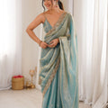 Elegant Aqua Blue Fendy Satin Saree Beads Embroidery Work for Women