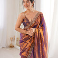 Stunning Purple Designer Saree Beads Embroidery Work Women