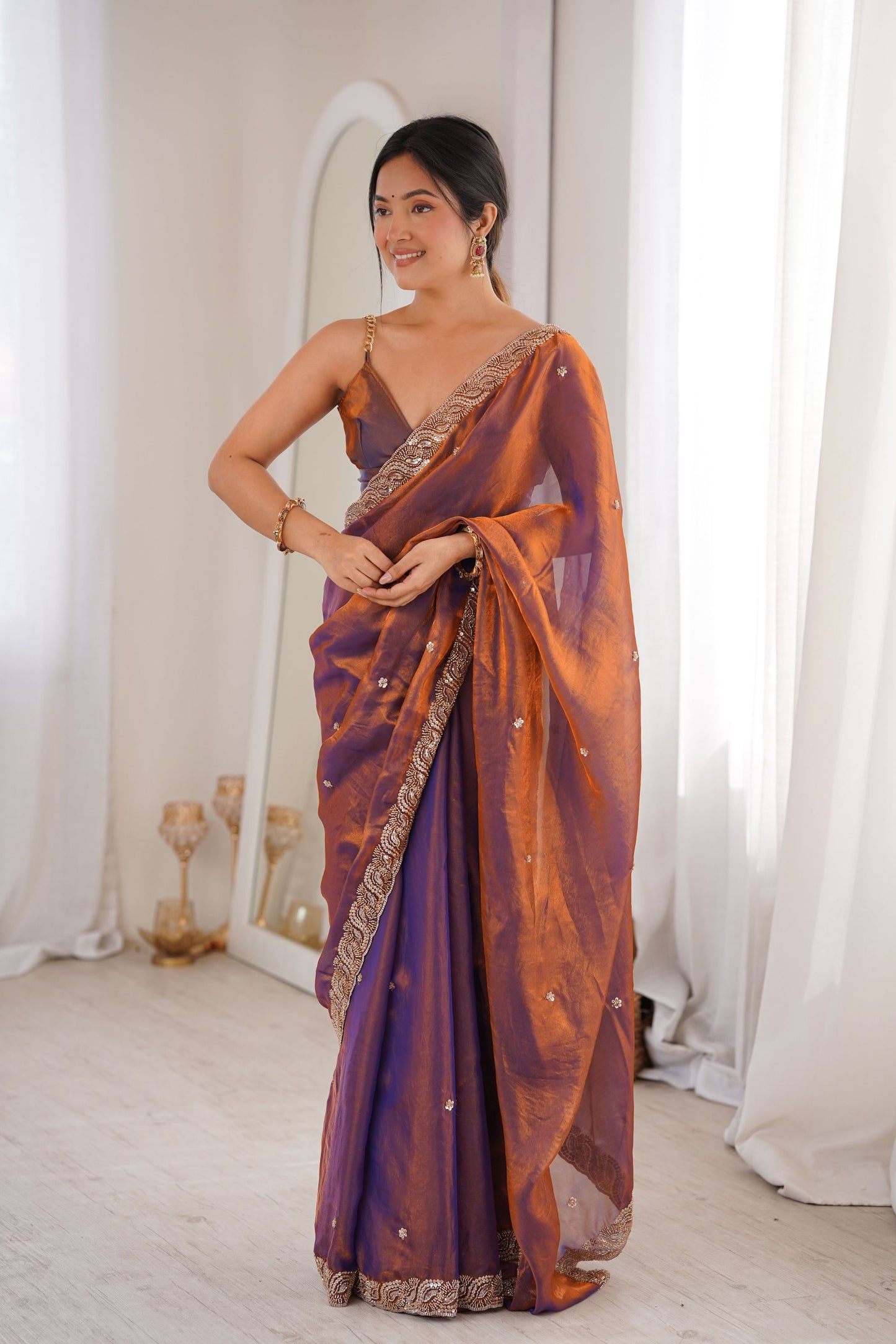 Stunning Purple Designer Saree Beads Embroidery Work Women