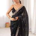Premium Black Fendy Satin Saree Beads Embroidery Work for Women
