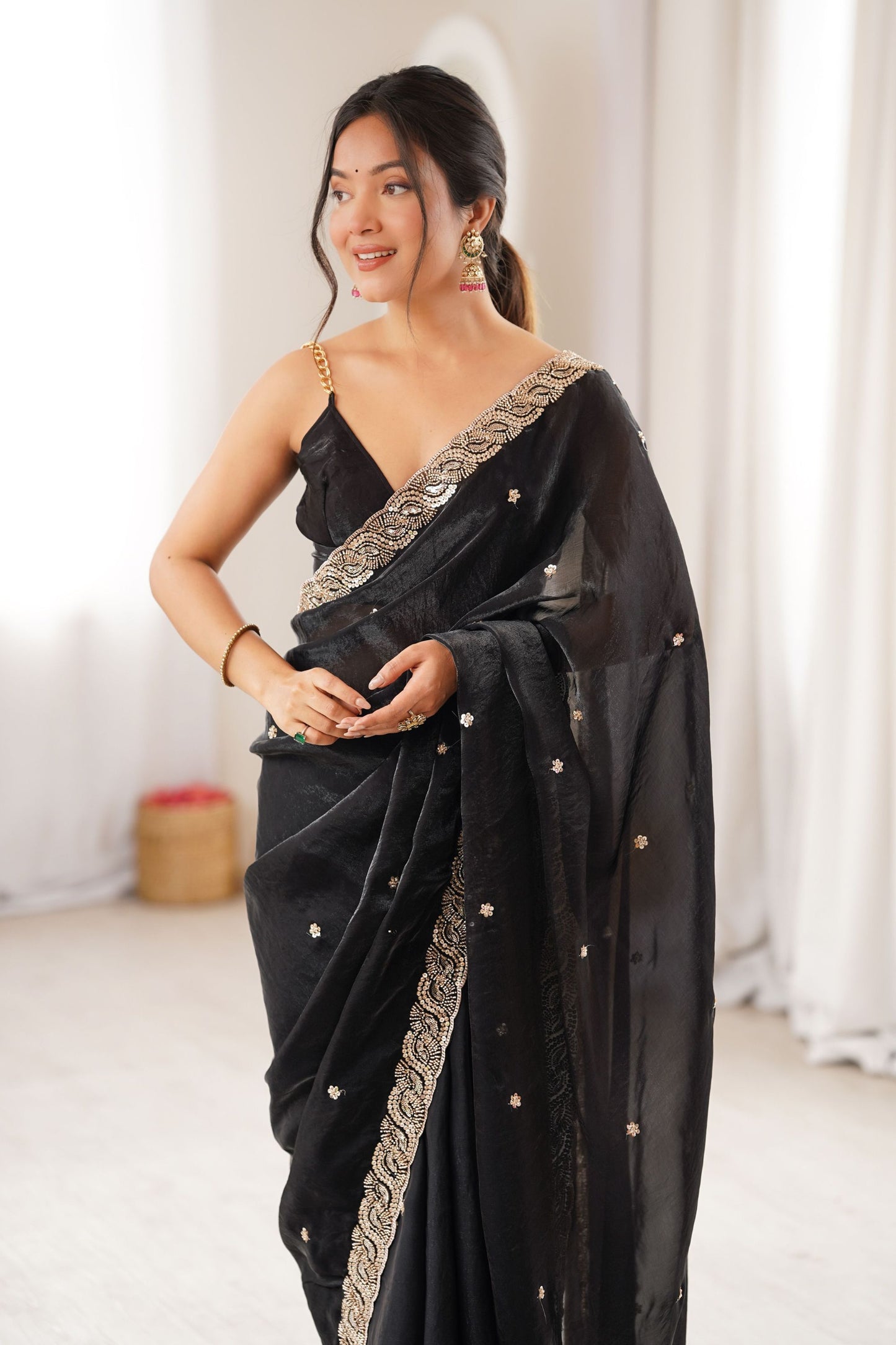 Premium Black Fendy Satin Saree Beads Embroidery Work for Women