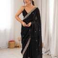 Premium Black Fendy Satin Saree Beads Embroidery Work for Women