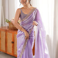 Vibrant Lavender Fendy Satin Saree Beads Embroidery Work for Women
