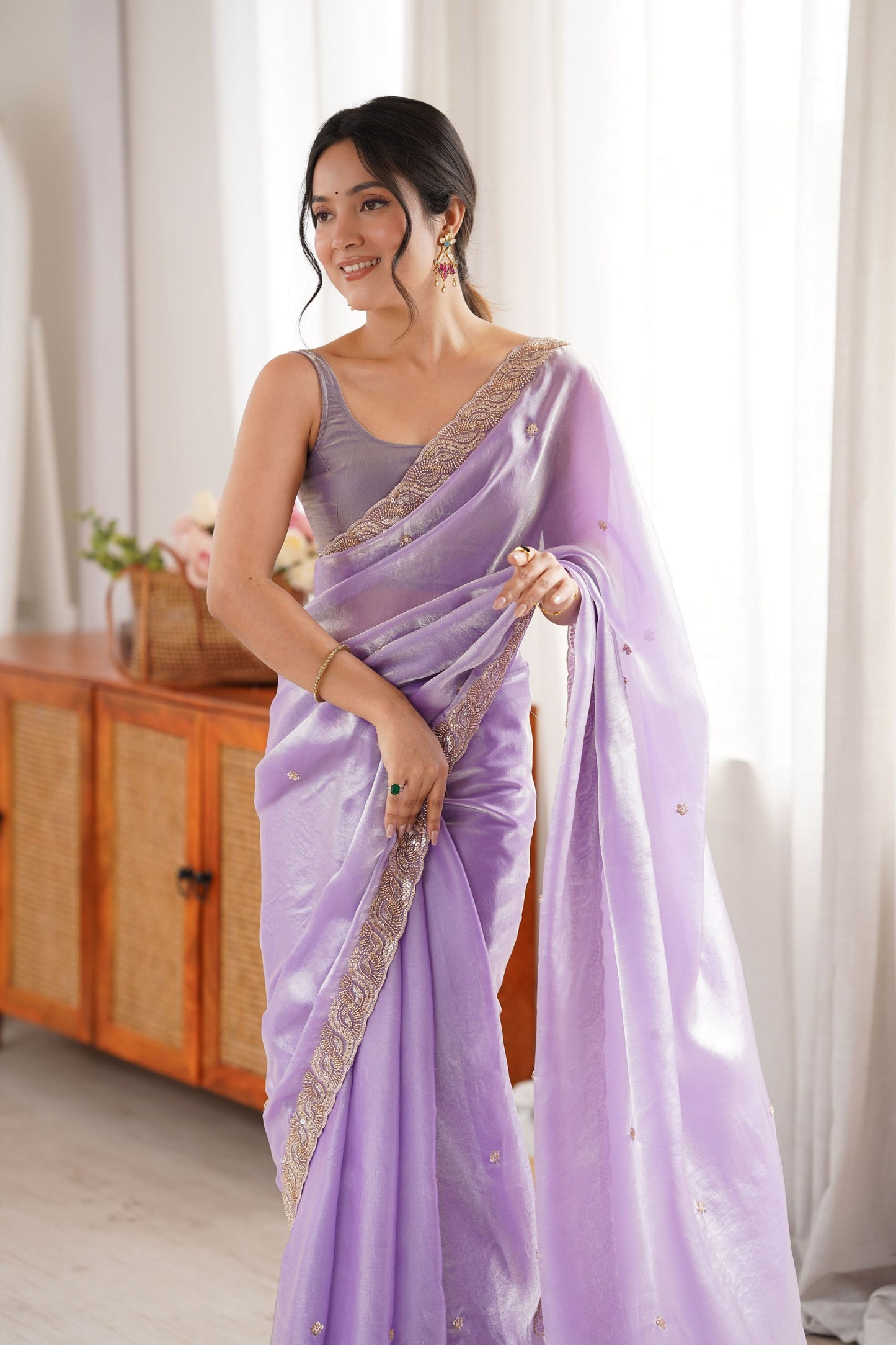 Vibrant Lavender Fendy Satin Saree Beads Embroidery Work for Women