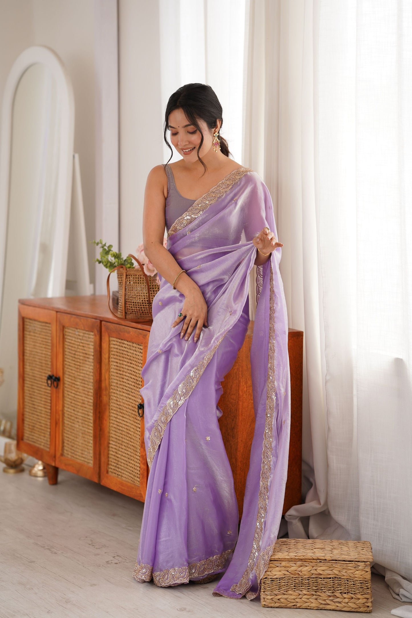 Vibrant Lavender Fendy Satin Saree Beads Embroidery Work for Women