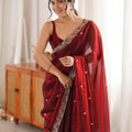 Royal Wine Red Fendy Satin Saree Beads Embroidery Work for Women