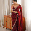 Royal Wine Red Fendy Satin Saree Beads Embroidery Work for Women