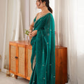 Graceful Teal Green Fendy Satin Saree Beads Embroidery Work for Women