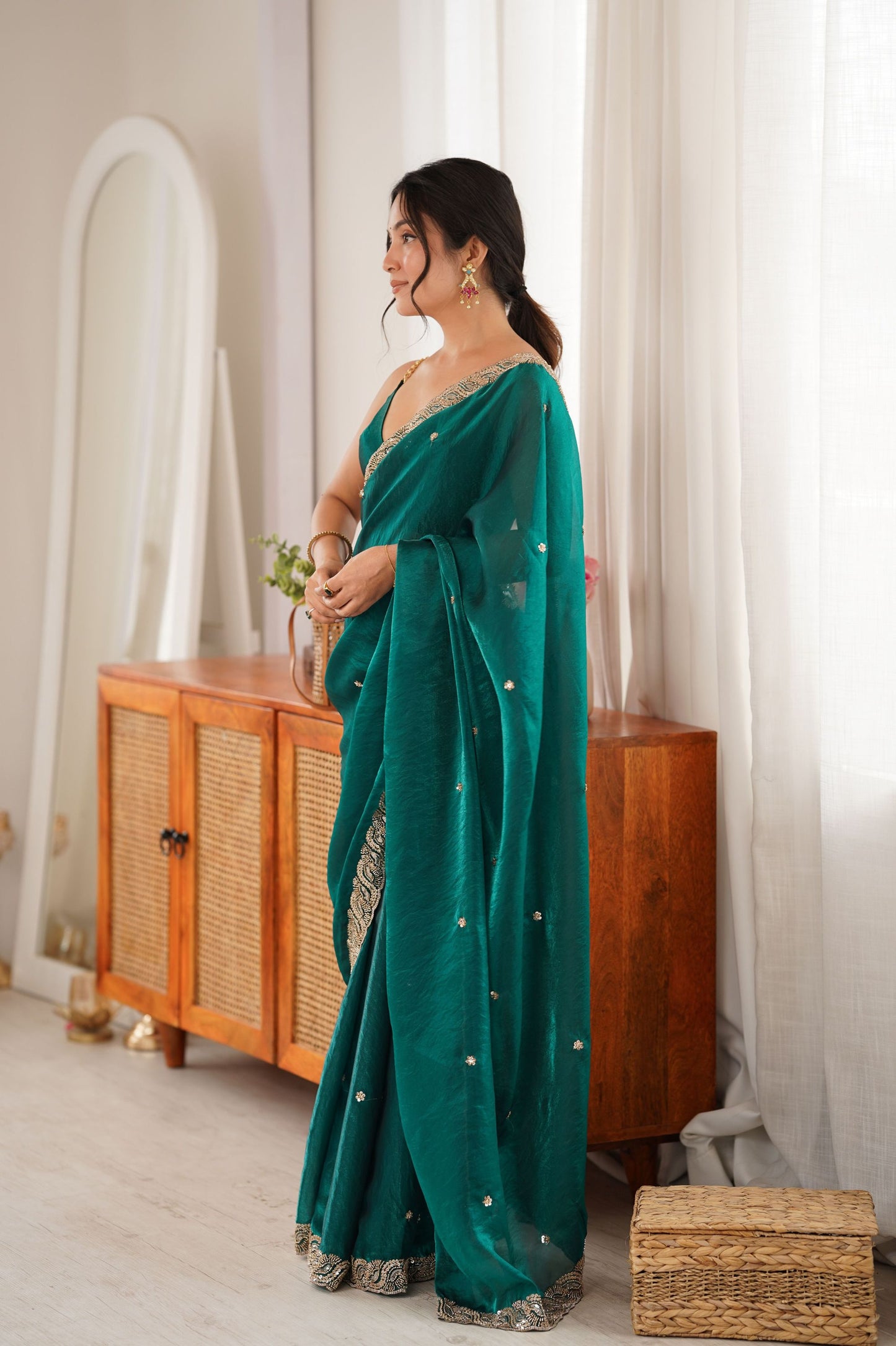 Graceful Teal Green Fendy Satin Saree Beads Embroidery Work for Women