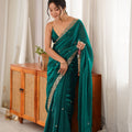 Graceful Teal Green Fendy Satin Saree Beads Embroidery Work for Women