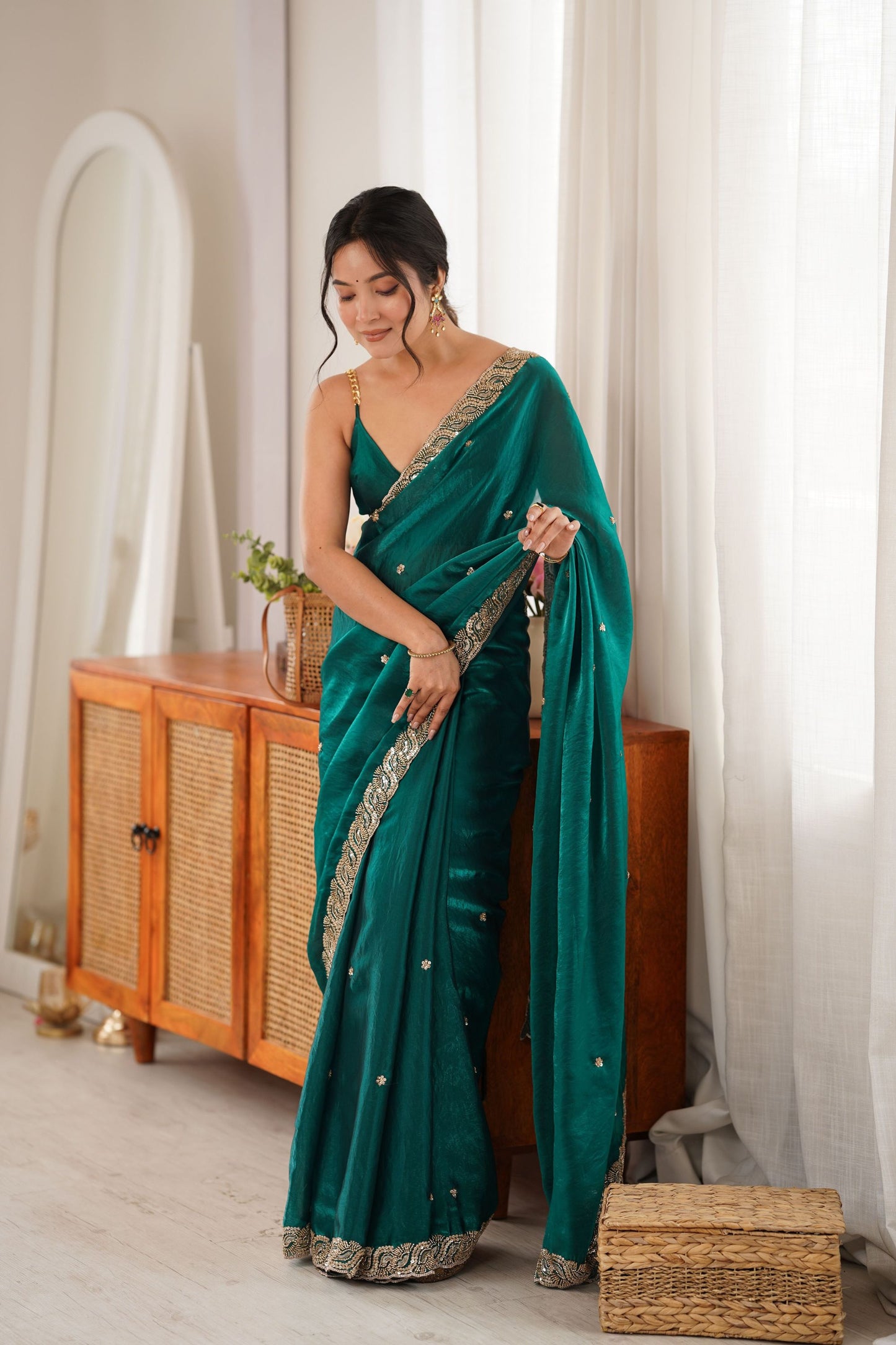 Graceful Teal Green Fendy Satin Saree Beads Embroidery Work for Women