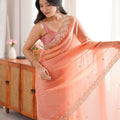Stylish Peach Fendy Satin Saree Beads Embroidery Work for Women