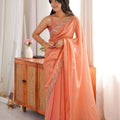 Stylish Peach Fendy Satin Saree Beads Embroidery Work for Women