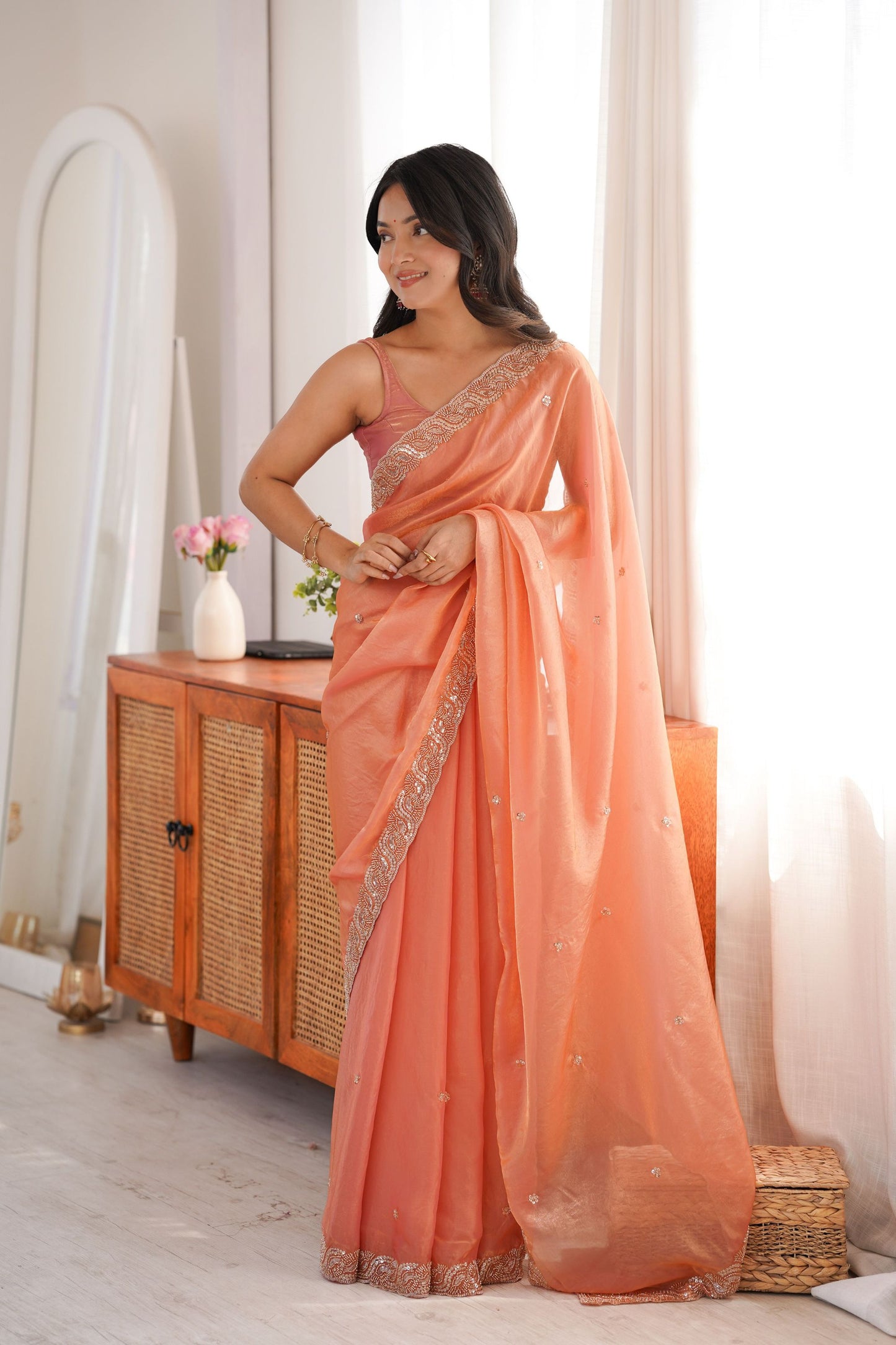 Stylish Peach Fendy Satin Saree Beads Embroidery Work for Women