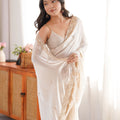 Elegant White Fendy Satin Saree Beads Embroidery Work for Women