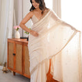 Elegant White Fendy Satin Saree Beads Embroidery Work for Women