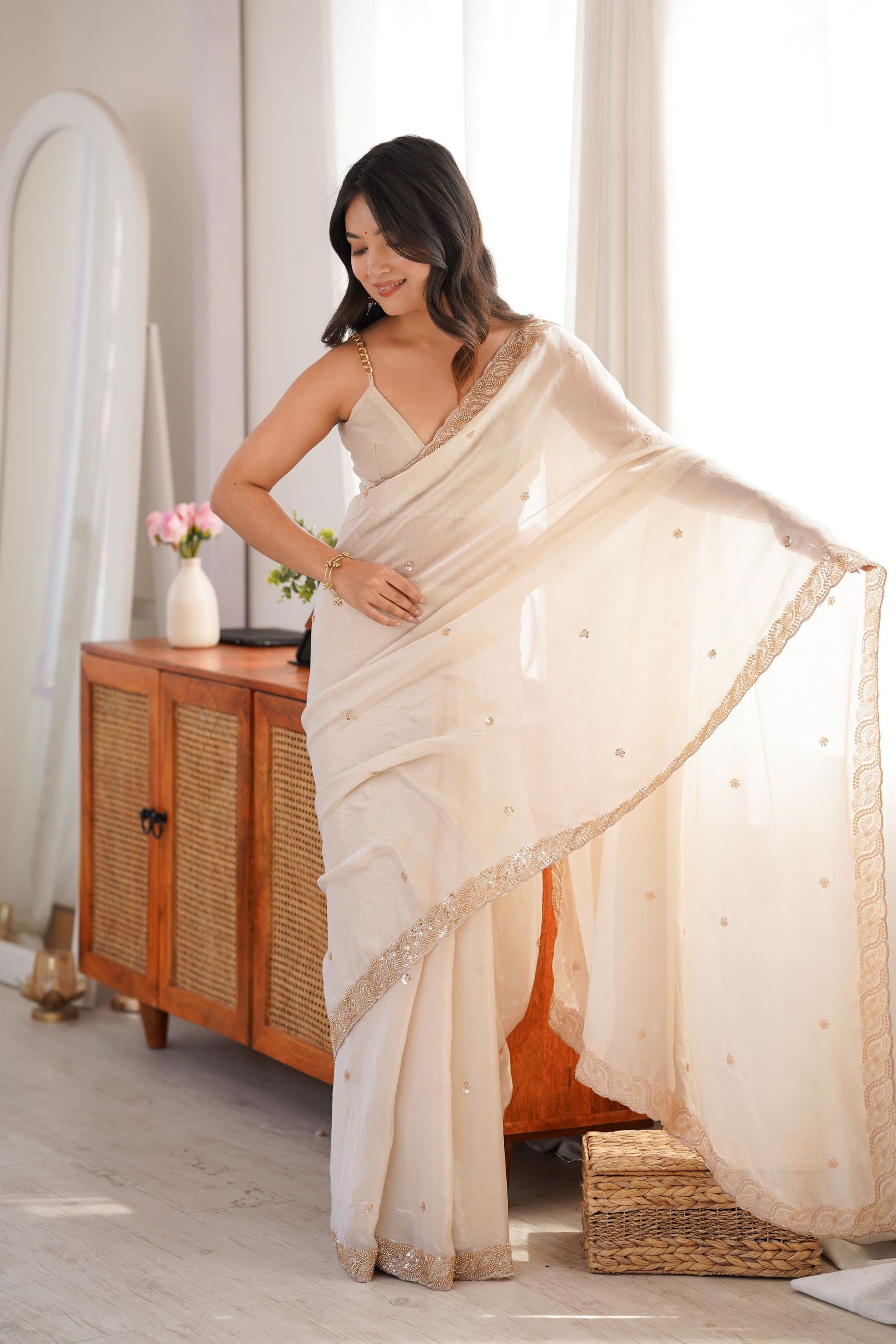 Elegant White Fendy Satin Saree Beads Embroidery Work for Women