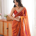 Stunning Orange Fendy Satin Saree Beads Embroidery Work for Women