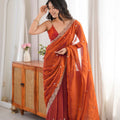 Stunning Orange Fendy Satin Saree Beads Embroidery Work for Women