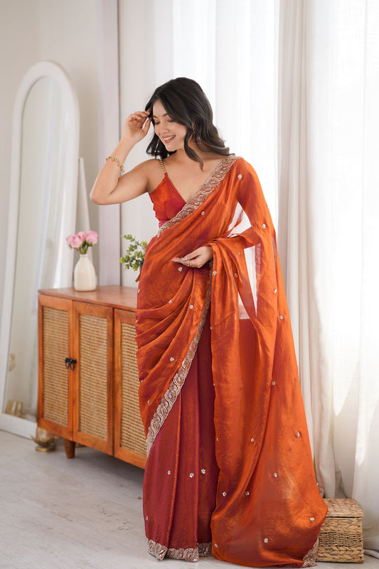 Stunning Orange Fendy Satin Saree Beads Embroidery Work for Women