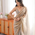 Premium Beige Fendy Satin Saree Beads Embroidery Work for Women