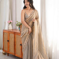 Premium Beige Fendy Satin Saree Beads Embroidery Work for Women