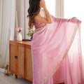 Beautiful Pink Fendy Satin Saree Beads Embroidery Work for Women