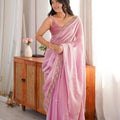 Beautiful Pink Fendy Satin Saree Beads Embroidery Work for Women