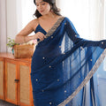 Royal Navy Blue Fendy Satin Saree Beads Embroidery Work for Women