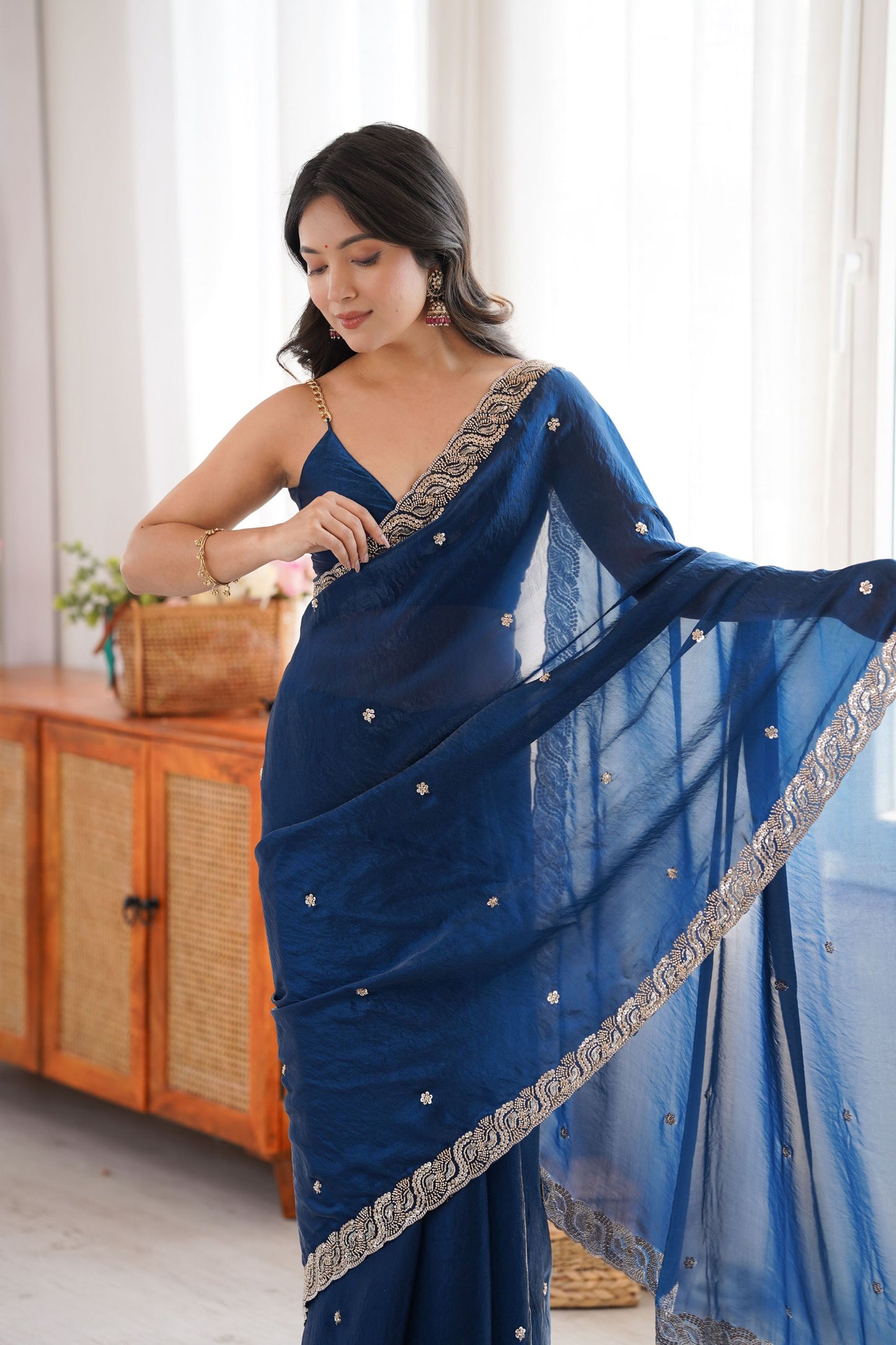 Royal Navy Blue Fendy Satin Saree Beads Embroidery Work for Women