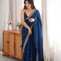 Royal Navy Blue Fendy Satin Saree Beads Embroidery Work for Women