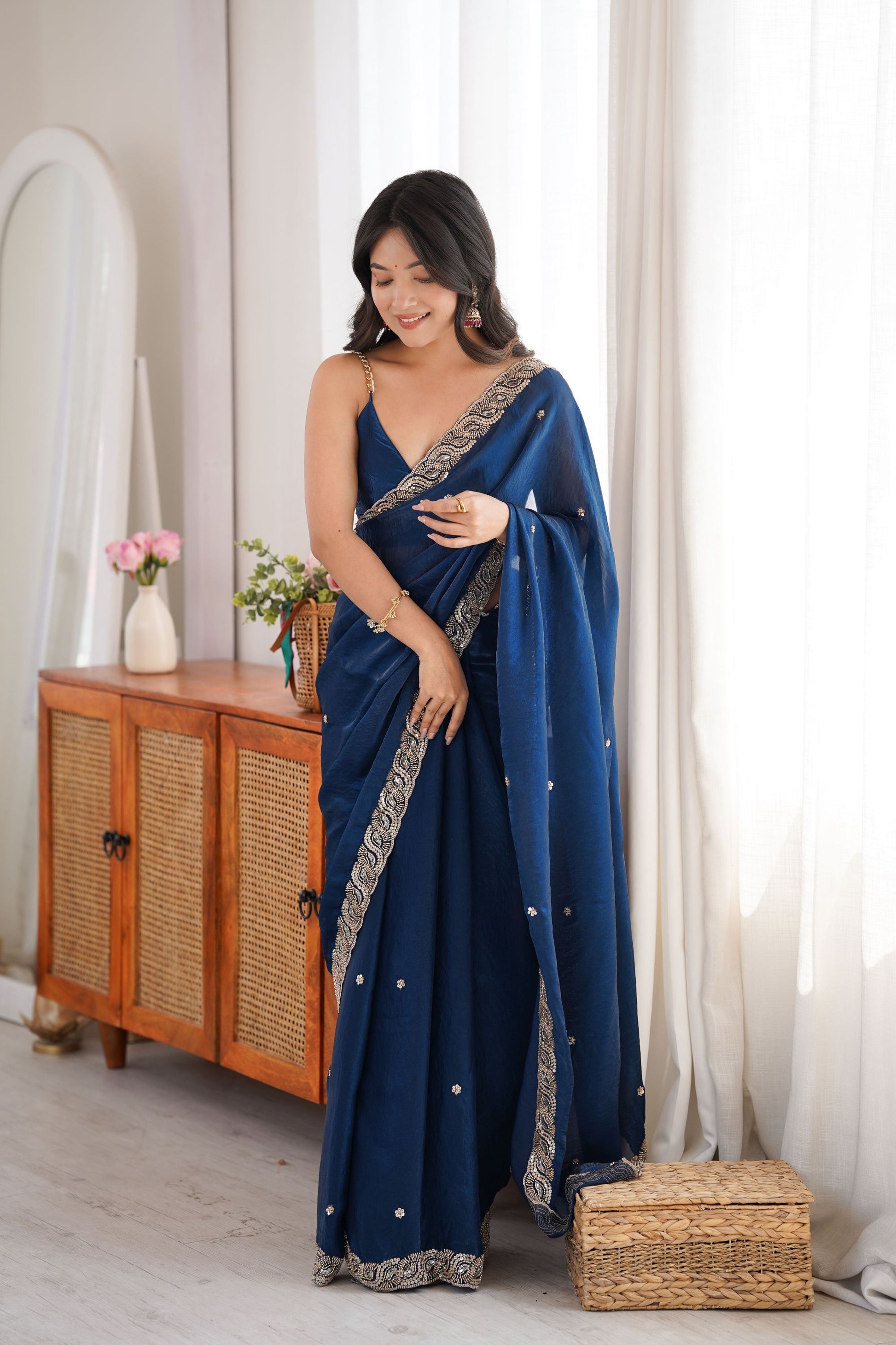 Royal Navy Blue Fendy Satin Saree Beads Embroidery Work for Women