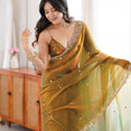 Graceful Olive Green Fendy Satin Saree Beads Embroidery Work for Women