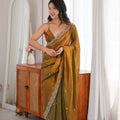 Graceful Olive Green Fendy Satin Saree Beads Embroidery Work for Women