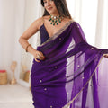 Stylish Purple Fendy Satin Saree Beads Embroidery Work for Women
