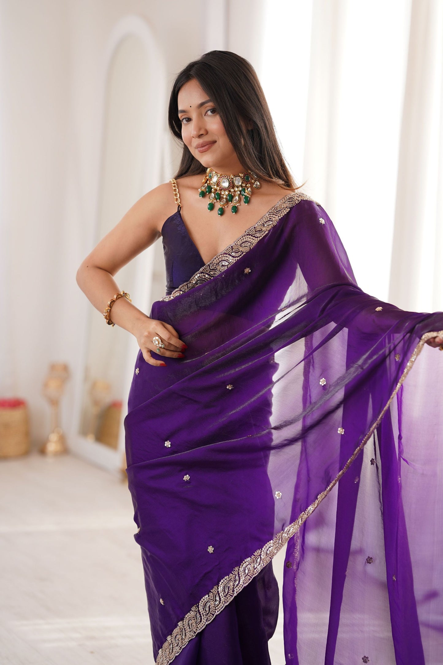 Stylish Purple Fendy Satin Saree Beads Embroidery Work for Women