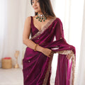Royal Wine Purple Fendy Satin Saree Beads Embroidery Work for Women