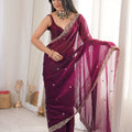 Royal Wine Purple Fendy Satin Saree Beads Embroidery Work for Women