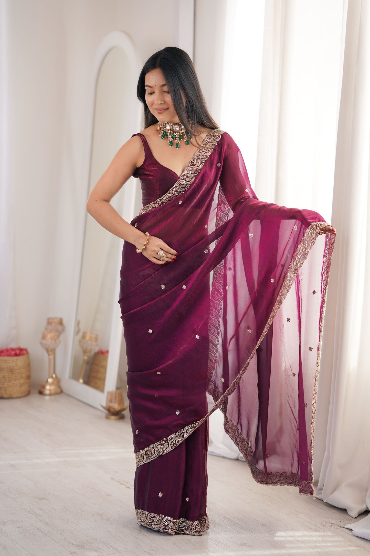 Royal Wine Purple Fendy Satin Saree Beads Embroidery Work for Women