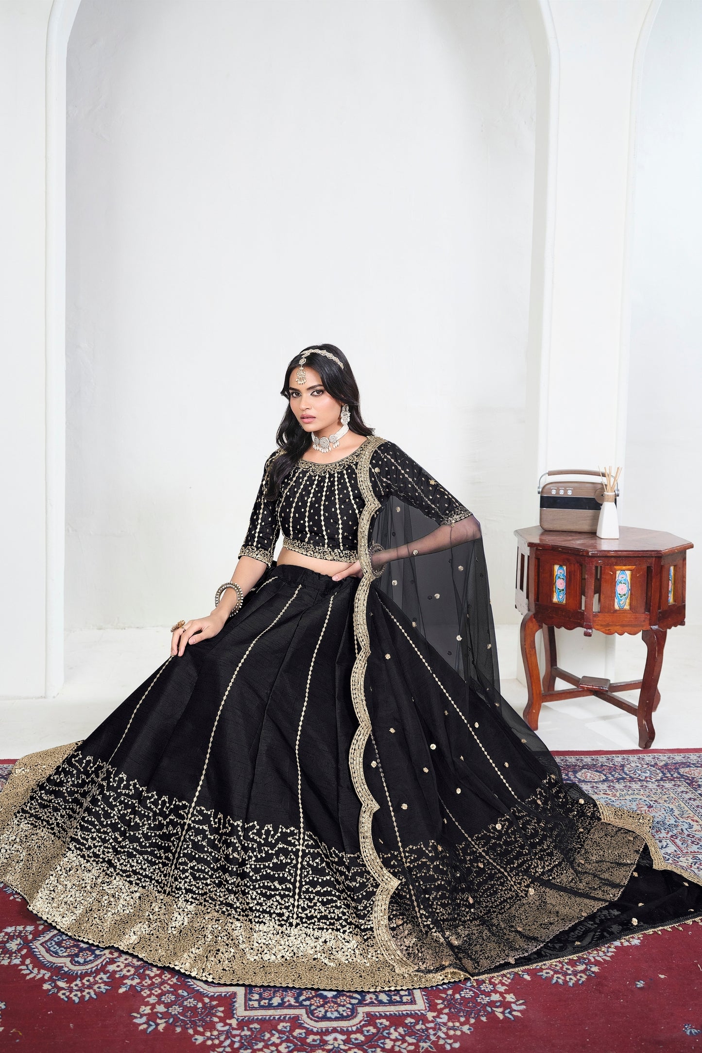 Elegant Black Art Silk Designer Lehenga Choli Set with Embroidery Work and Dupatta for Wedding