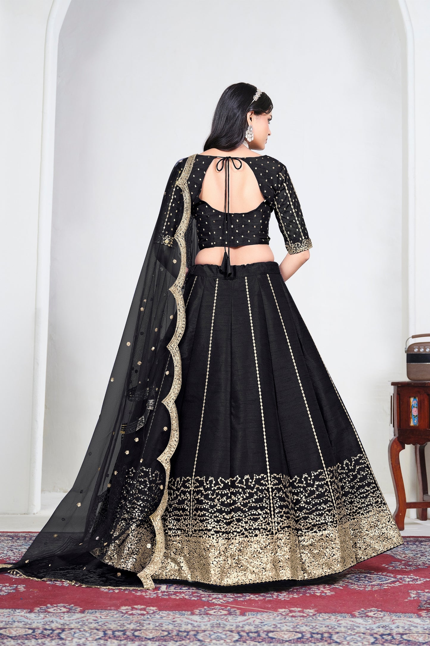 Elegant Black Art Silk Designer Lehenga Choli Set with Embroidery Work and Dupatta for Wedding