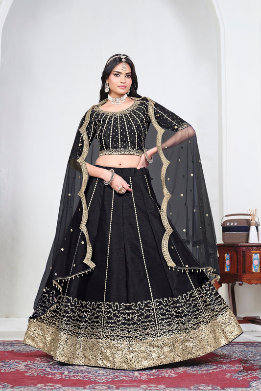 Elegant Black Art Silk Designer Lehenga Choli Set with Embroidery Work and Dupatta for Wedding