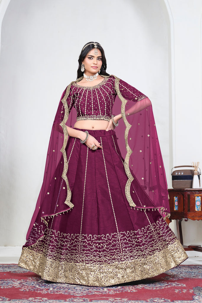 Stylish Wine Art Silk Designer Lehenga Choli Set with Embroidery Work and Dupatta for Wedding