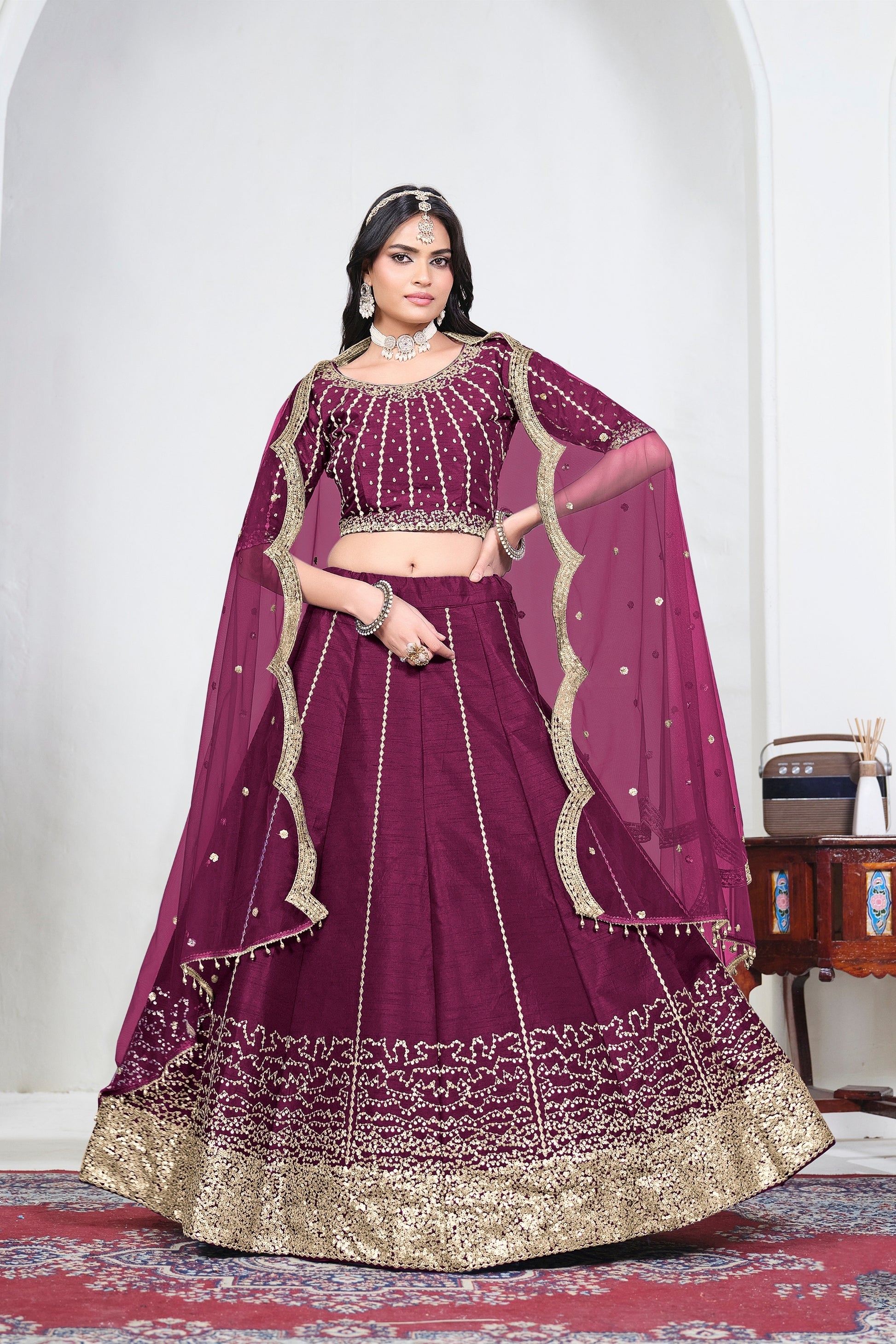 Stylish Wine Art Silk Designer Lehenga Choli Set with Embroidery Work and Dupatta for Wedding
